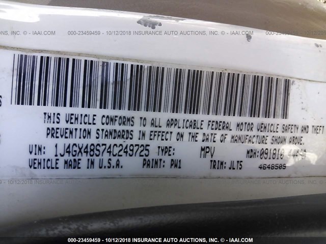 1J4GX48S74C249725 - 2004 JEEP GRAND CHEROKEE LAREDO/COLUMBIA/FREEDOM 白色 照片 9
