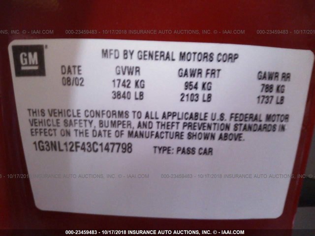 1G3NL12F43C147798 - 2003 OLDSMOBILE ALERO GL RED photo 9