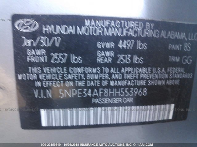 5NPE34AF8HH553968 - 2017 HYUNDAI SONATA SPORT/LIMITED SILVER photo 9