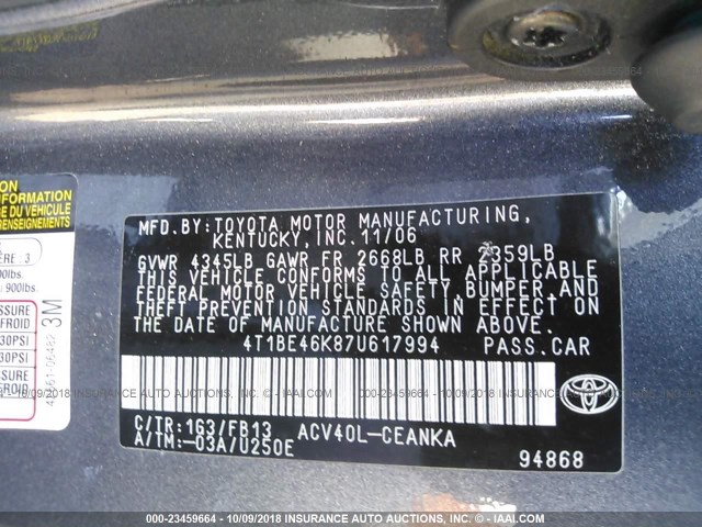 4T1BE46K87U617994 - 2007 TOYOTA CAMRY NEW GENERAT CE/LE/XLE/SE GRAY photo 9