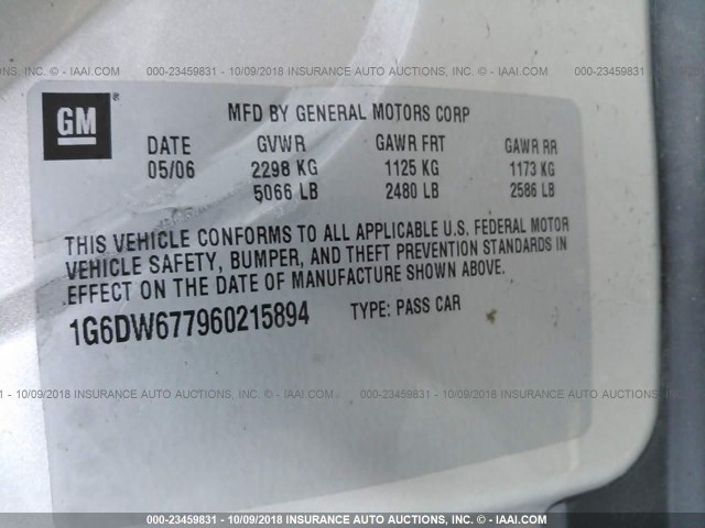 1G6DW677960215894 - 2006 CADILLAC STS SILVER photo 9