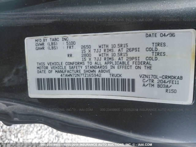 4TAWN72N7TZ165942 - 1996 TOYOTA TACOMA XTRACAB GRAY photo 9