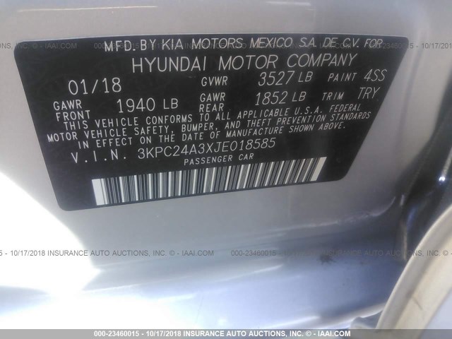 3KPC24A3XJE018585 - 2018 HYUNDAI ACCENT SEL SILVER photo 9