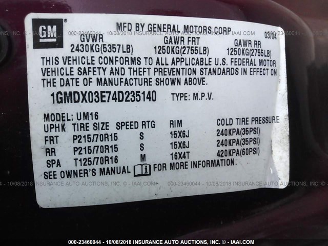 1GMDX03E74D235140 - 2004 PONTIAC MONTANA BURGUNDY photo 9