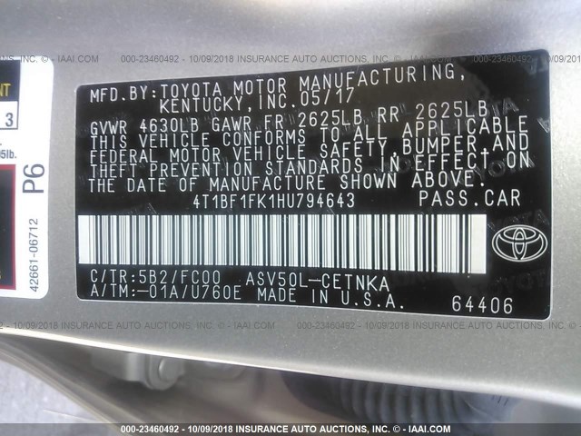 4T1BF1FK1HU794643 - 2017 TOYOTA CAMRY LE/XLE/SE/XSE 金色 照片 9