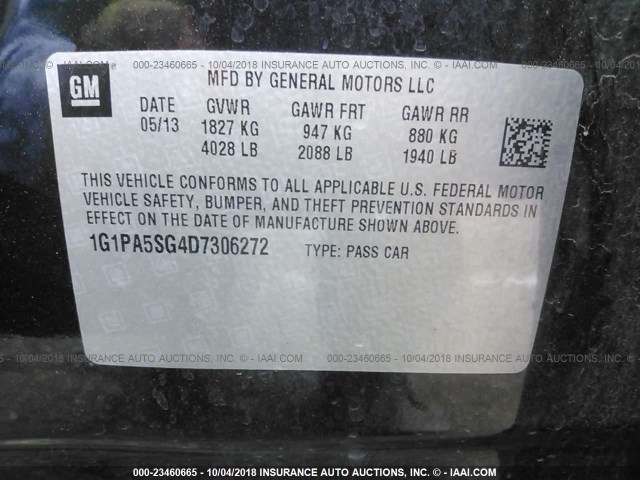 1G1PA5SG4D7306272 - 2013 CHEVROLET CRUZE LS BLACK photo 9