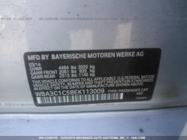 WBA3C1C58EK113009 - 2014 BMW 328 I SULEV SILVER photo 9