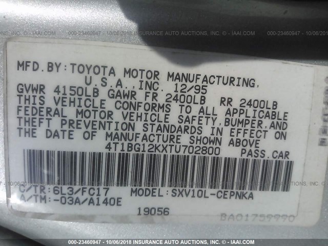 4T1BG12KXTU702800 - 1996 TOYOTA CAMRY DX/LE/XLE SILVER photo 9