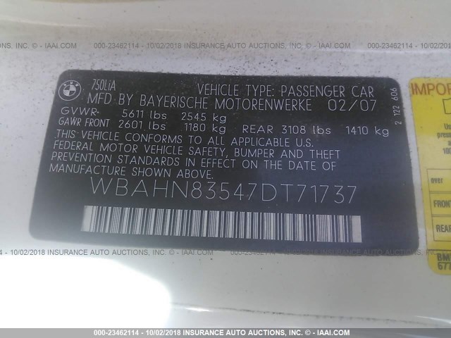 WBAHN83547DT71737 - 2007 BMW 750 WHITE photo 9