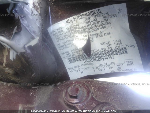 1FAHP34N46W244252 - 2006 FORD FOCUS ZX4 MAROON photo 9