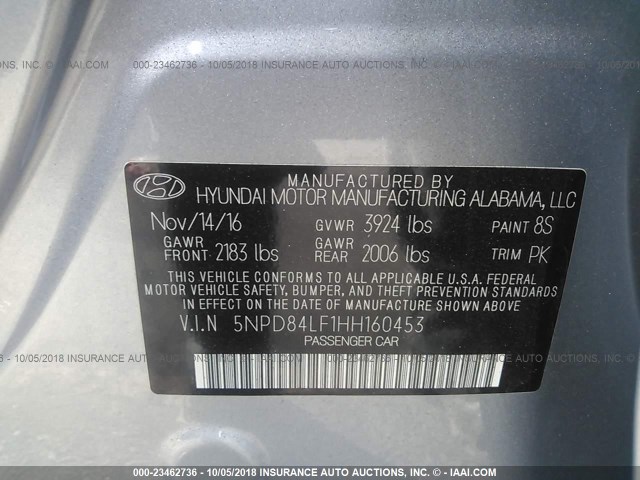 5NPD84LF1HH160453 - 2017 HYUNDAI ELANTRA SE/VALUE/LIMITED SILVER photo 9