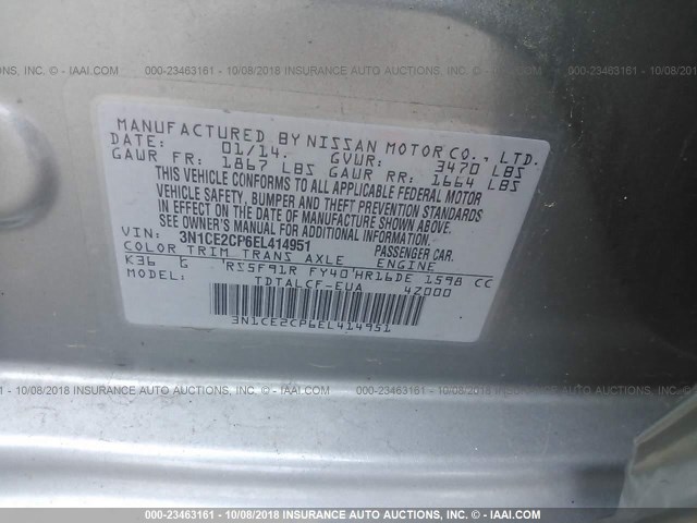 3N1CE2CP6EL414951 - 2014 NISSAN VERSA NOTE S/S PLUS/SV/SL GRAY photo 9