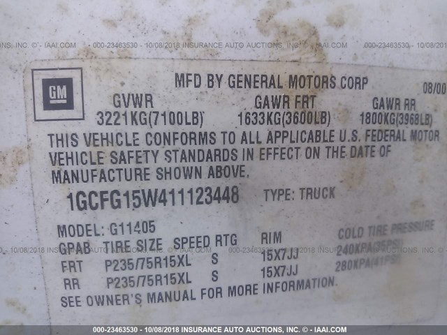 1GCFG15W411123448 - 2001 CHEVROLET EXPRESS G1500  WHITE photo 9