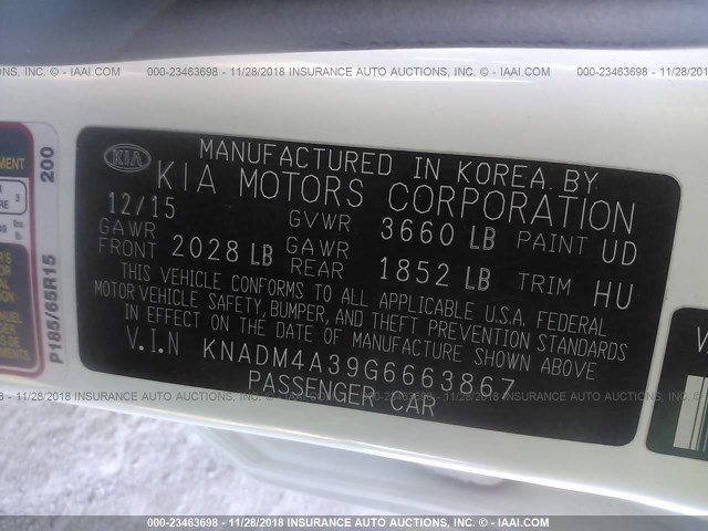 KNADM4A39G6663867 - 2016 KIA RIO LX WHITE photo 9