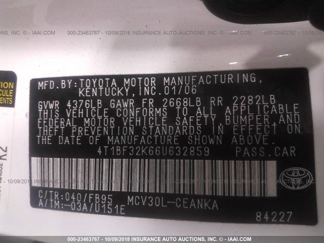 4T1BF32K66U632859 - 2006 TOYOTA CAMRY LE/XLE/SE WHITE photo 9