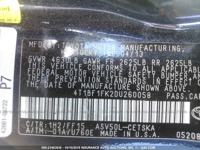 4T1BF1FK2DU260058 - 2013 TOYOTA CAMRY L/SE/LE/XLE Qara foto 9