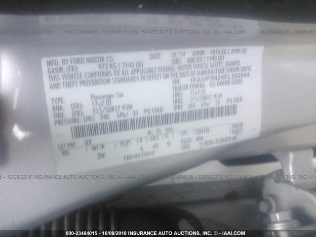 1FADP3N24EL262544 - 2014 FORD FOCUS TITANIUM SILVER photo 9