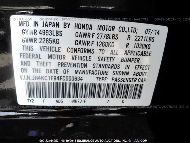 JH4KC1F94FC000634 - 2015 ACURA RLX ADVANCE შავი ფოტო 9