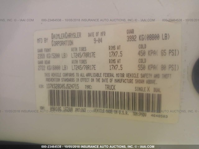 1D7KS28D05J524715 - 2005 DODGE RAM 2500 ST/SLT 白色 照片 9