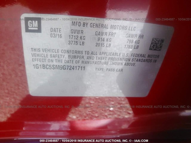 1G1BC5SM9G7241711 - 2016 CHEVROLET CRUZE LS RED photo 9