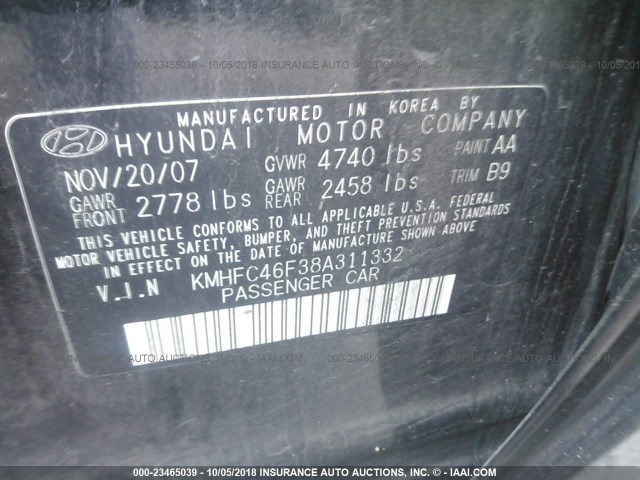 KMHFC46F38A311332 - 2008 HYUNDAI AZERA SE/LIMITED BLACK photo 9