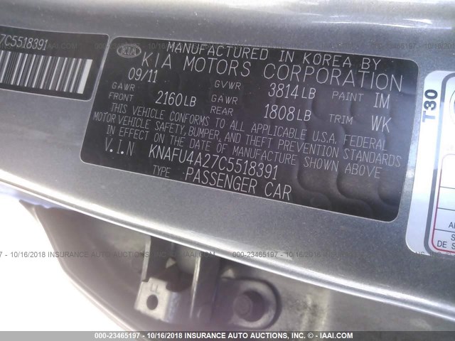 KNAFU4A27C5518391 - 2012 KIA FORTE EX GRAY photo 9