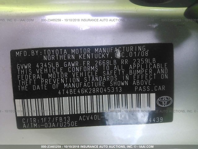 4T4BE46K28R045313 - 2008 TOYOTA CAMRY CE/LE/XLE/SE SILVER photo 9