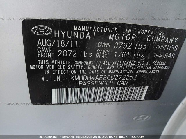 KMHDH4AE8CU272252 - 2012 HYUNDAI ELANTRA GLS/LIMITED SILVER photo 9