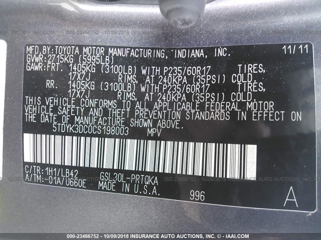 5TDYK3DC0CS198003 - 2012 TOYOTA SIENNA XLE/LIMITED GRAY photo 9