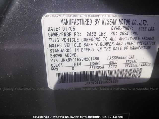 JNKBY01E96M201486 - 2006 INFINITI M45 SPORT GRAY photo 9