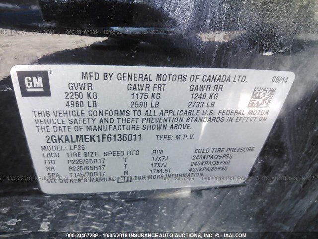 2GKALMEK1F6136011 - 2015 GMC TERRAIN SLE BLACK photo 9