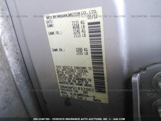 1N4AA5AP5CC832002 - 2012 NISSAN MAXIMA S/SV SILVER photo 9