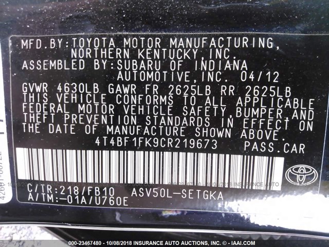 4T4BF1FK9CR219673 - 2012 TOYOTA CAMRY SE/LE/XLE 黑色 照片 9