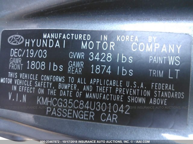 KMHCG35C84U301042 - 2004 HYUNDAI ACCENT GL GRAY photo 9