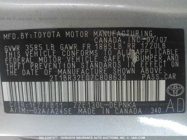 2T1BR32E07C808633 - 2007 TOYOTA COROLLA CE/LE/S SILVER photo 9