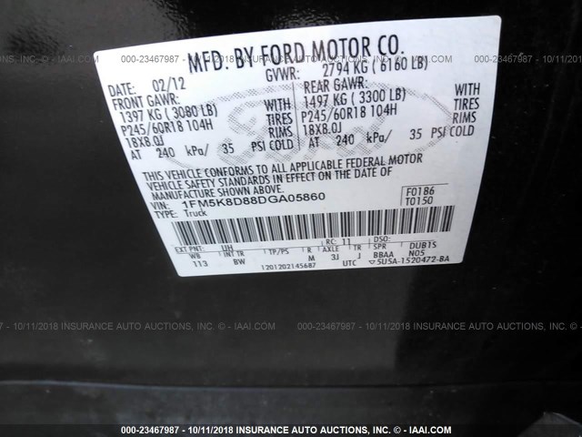 1FM5K8D88DGA05860 - 2013 FORD EXPLORER XLT BLACK photo 9