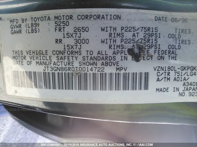 JT3GN86R0T0014722 - 1996 TOYOTA 4RUNNER SR5 GREEN photo 9