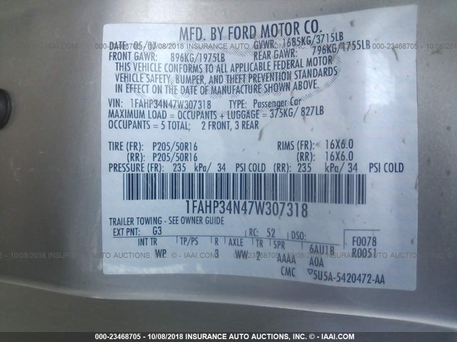 1FAHP34N47W307318 - 2007 FORD FOCUS ZX4/S/SE/SES GOLD photo 9