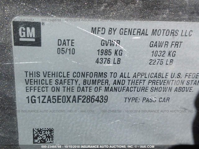 1G1ZA5E0XAF286439 - 2010 CHEVROLET MALIBU LS 灰色 照片 9