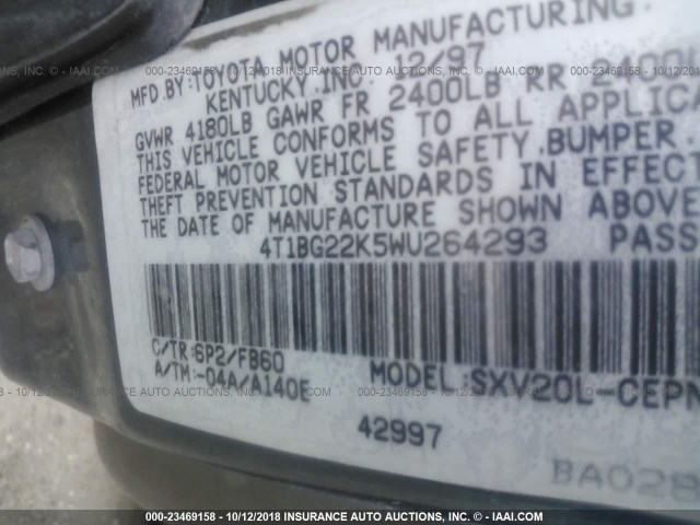 4T1BG22K5WU264293 - 1998 TOYOTA CAMRY CE/LE/XLE 绿色 照片 9