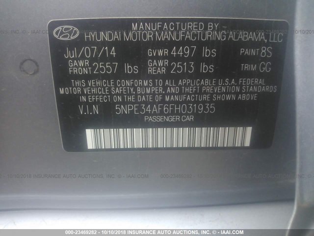 5NPE34AF6FH031935 - 2015 HYUNDAI SONATA SPORT/LIMITED GRAY photo 9