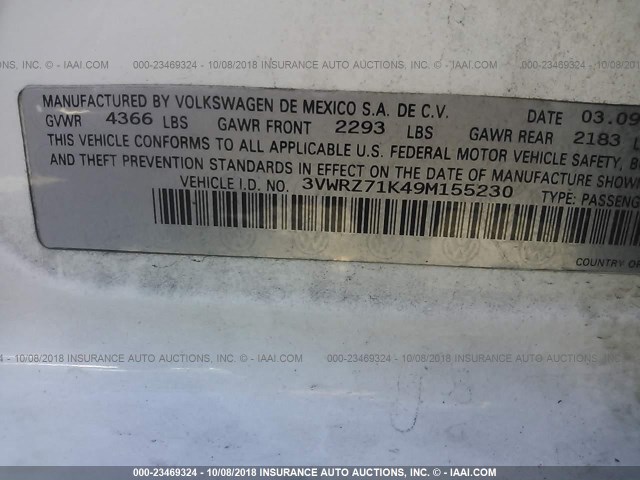 3VWRZ71K49M155230 - 2009 VOLKSWAGEN JETTA SE/SEL WHITE photo 9