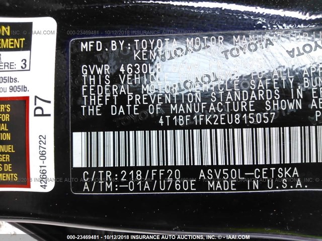 4T1BF1FK2EU815057 - 2014 TOYOTA CAMRY L/SE/LE/XLE Qara foto 9