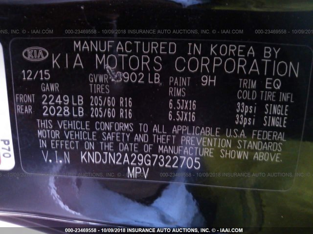 KNDJN2A29G7322705 - 2016 KIA SOUL BLACK photo 9