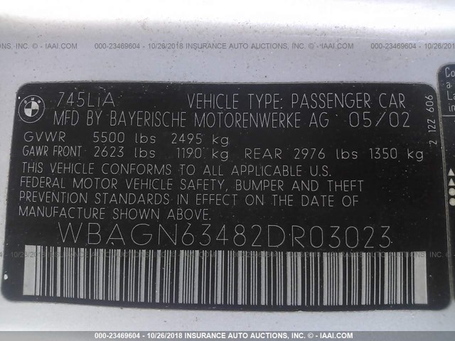 WBAGN63482DR03023 - 2002 BMW 745 LI SILVER photo 9