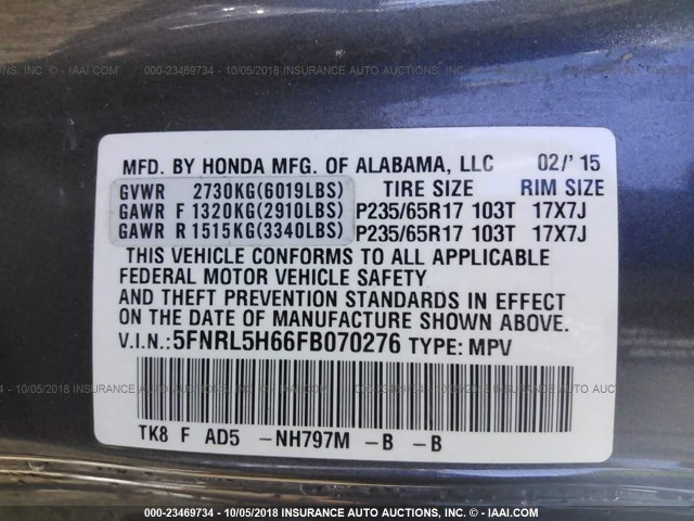 5FNRL5H66FB070276 - 2015 HONDA ODYSSEY EXL GRAY photo 9