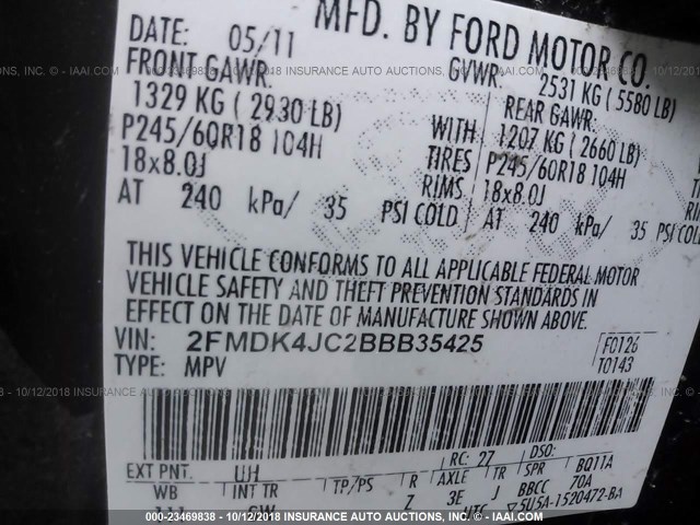 2FMDK4JC2BBB35425 - 2011 FORD EDGE SEL BLACK photo 9