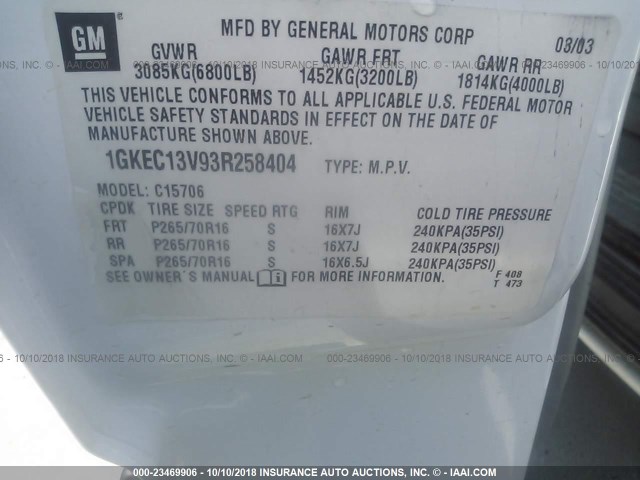 1GKEC13V93R258404 - 2003 GMC YUKON WHITE photo 9