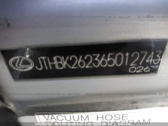 JTHBK262365012743 - 2006 LEXUS IS 250 SILVER photo 9