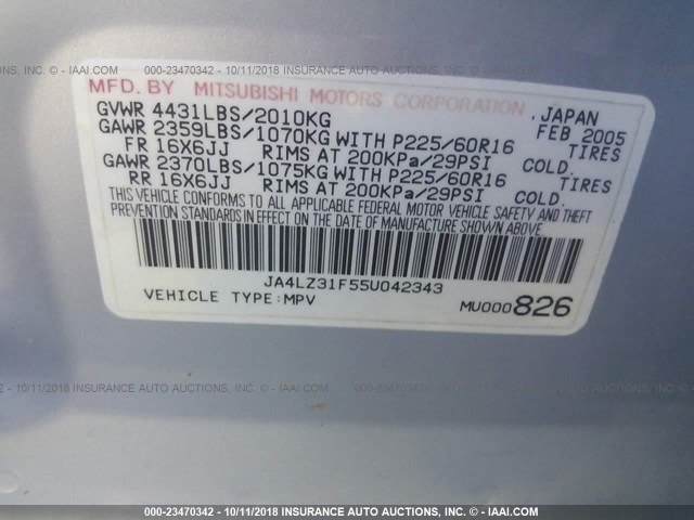 JA4LZ31F55U042343 - 2005 MITSUBISHI OUTLANDER LS SILVER photo 9